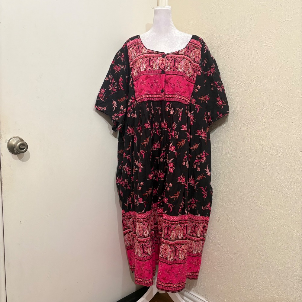 Only Necessities Black Pink Paisley Floral Cotton Muumuu House Dress Popover 5X